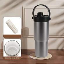 1pc High-Capacity, Stylish Ceramic Lined Double Wall Vacuum Insulated Water Bottle/Coffee Mug With Straw, Portable Back To School
