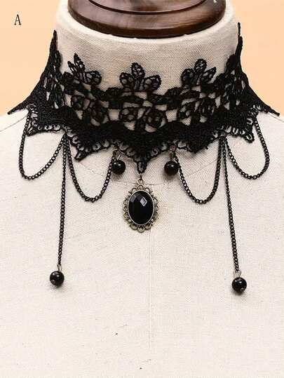 Collar de encaje negro vintage con flecos y flores, collar de clavícula estilo Lolita, hecho de fibra de poliéster