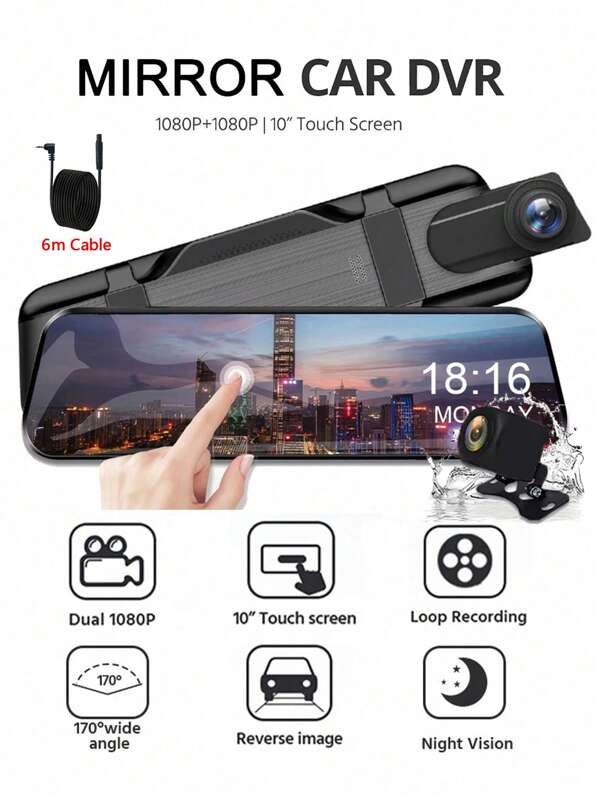 GMAIPOP Upgrade Your Driving Experience with a Touch Screen Video Recorder Rearview Mirror & Front & With 6 Meters Rear Cameras