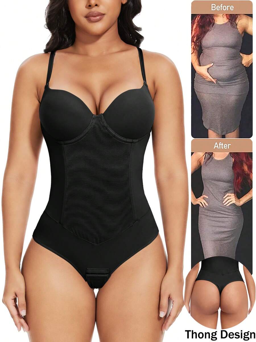 Women Tummy Control Bodysuit Waist Trainer Full Body Shaper Steel Boned Contol Shapewear Built In Underwire Bra  Shapewear Smooth Hip Thong Corset - 黑色 - 查看 1