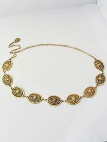 Hershine Nowy pasek w stylu retro western cowboy w stylu boho z 2025 roku. Pasek w stylu punk, w kolorze antycznego brązu, z owalną, ażurową klamrą w kształcie kwiatu, ze skóry PU, z metalową klamrą w kształcie głowy byka i ozdobnymi dodatkami.