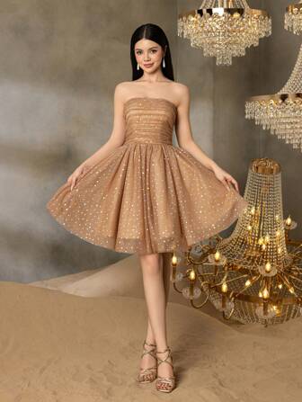 Alisa&Leo 少女闪亮亮片薄纱晚礼服，心形领口和水平褶饰 - 透明 A 字裙，适合毕业舞会、生日派对、节日聚会和学校正式活动