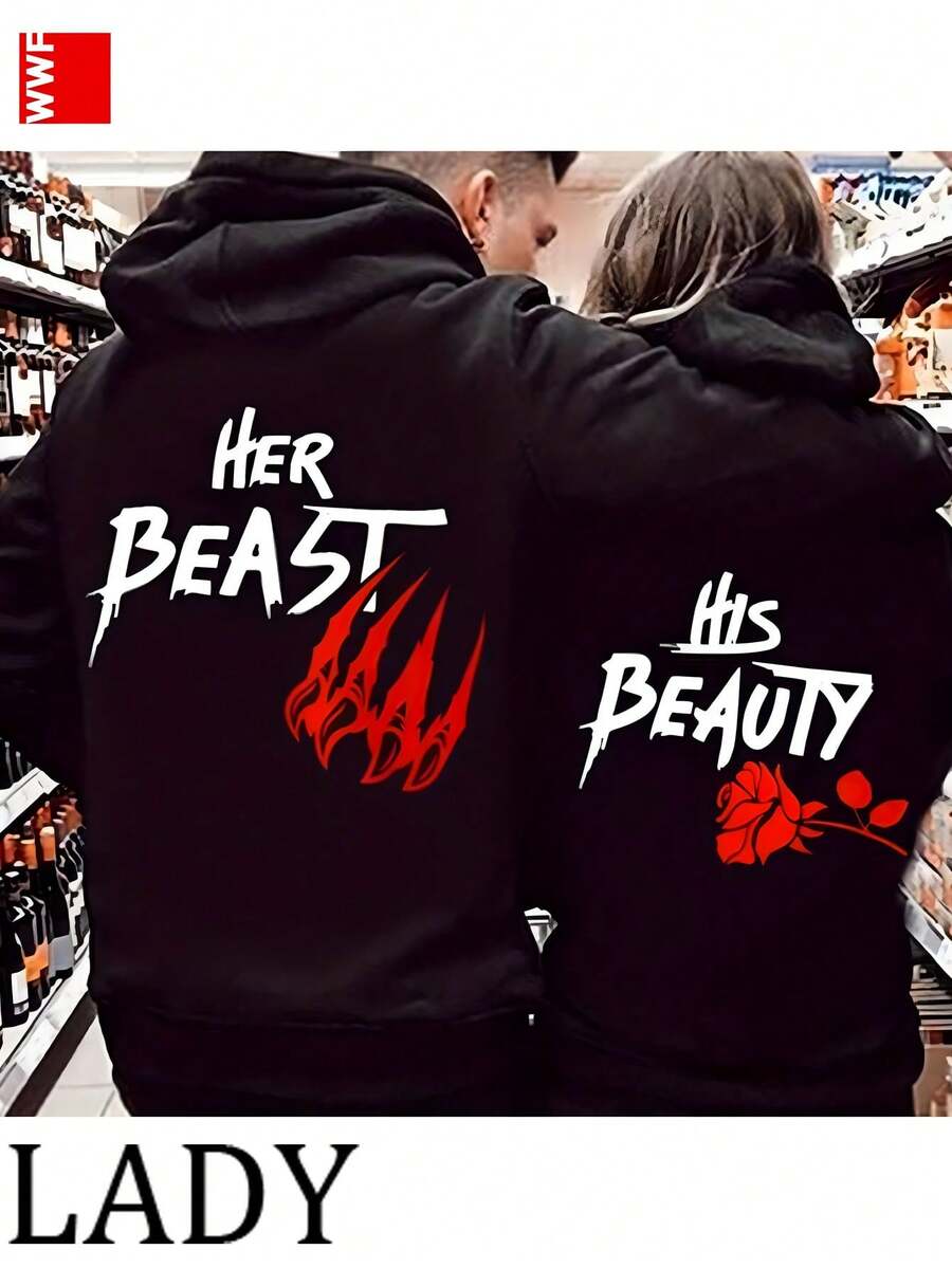 One Piece Her Beast And His Beauty - Romantic Couple Outfits 270G Couple Autumn And Winter Fleece Sweater Hoodie, The First Choice For Autumn And Winter, With  Pocket, Couples Anniversary Clothing, Perfect Gift For ValentineS Day