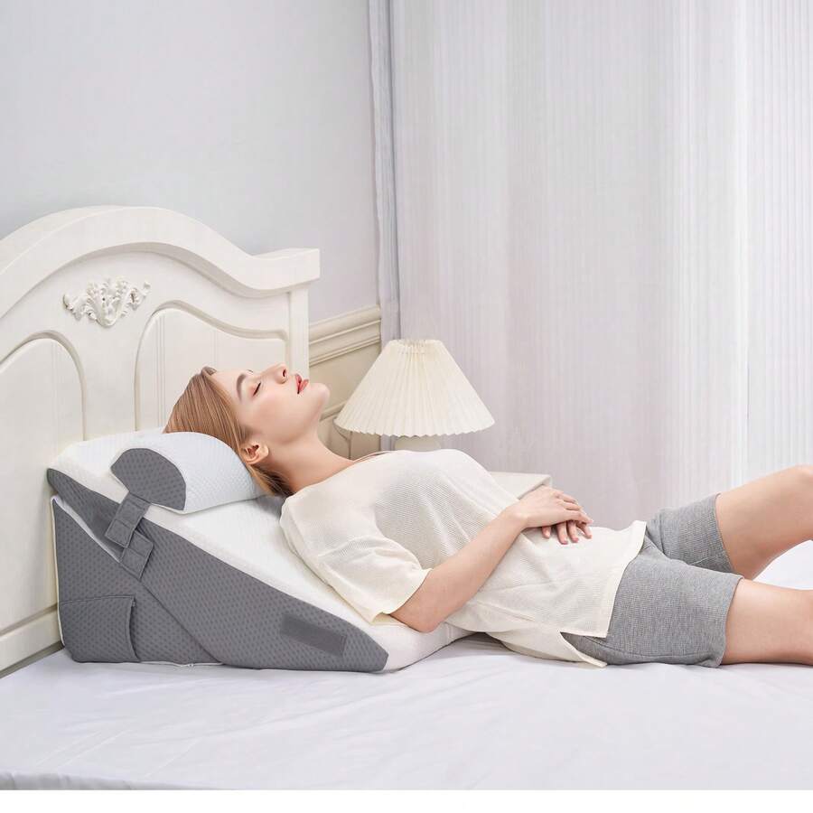 Bed Wedge Pillow For Sleeping, 3 Pcs Adjustable Orthopedic Bed Wedge Set, With Jacquard Washable Cover & Foam Support, Post Surgery Pillow For Acid Reflux Back Pain Snoring Relief, White/Grey - White - View 1