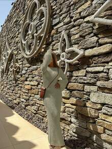 女士纯色性感露背修身长袖薄纱连衣裙，春夏优雅女装 - 薄荷綠 - 查看 2