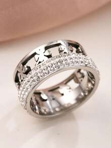 1pc Fashionable Stainless Steel Hollow Great Wall & Clover Rhinestone Decor Ring, Suitable For Men And Women Daily Wear - Ring - View 25