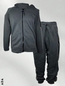 Conjunto de pants deportivo y casual para hombre, colores lisos, sin estampados, tela de poliéster, algodón y spandex, apto para temporadas de primavera y verano. pants de ajuste regular con bota semi-entubada, talle de cintura natural, bolsillos laterales funcionales con cremallera. Sudadera deportiva, cuello redondo con capucha, silueta de ajuste regular, cierre con cremallera y bolsillos frontales funcionales. Muy fresco y cómodo, ideal para hacer deporte al aire libre, caminata en el parque o para ir al gimnasio. - Gris Oscuro - Ver 1