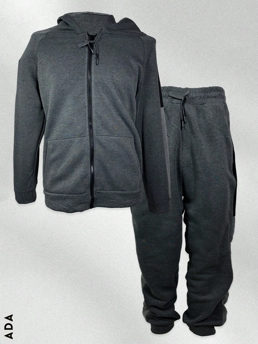 Conjunto de pants deportivo y casual para hombre, colores lisos, sin estampados, tela de poliéster, algodón y spandex, apto para temporadas de primavera y verano. pants de ajuste regular con bota semi-entubada, talle de cintura natural, bolsillos laterales funcionales con cremallera. Sudadera deportiva, cuello redondo con capucha, silueta de ajuste regular, cierre con cremallera y bolsillos frontales funcionales. Muy fresco y cómodo, ideal para hacer deporte al aire libre, caminata en el parque o para ir al gimnasio. - Gris Oscuro - Ver 1