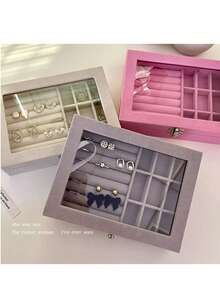 Caixa de joias elegante, simples, de grande capacidade e com vários compartimentos - Cinza - Visão 2