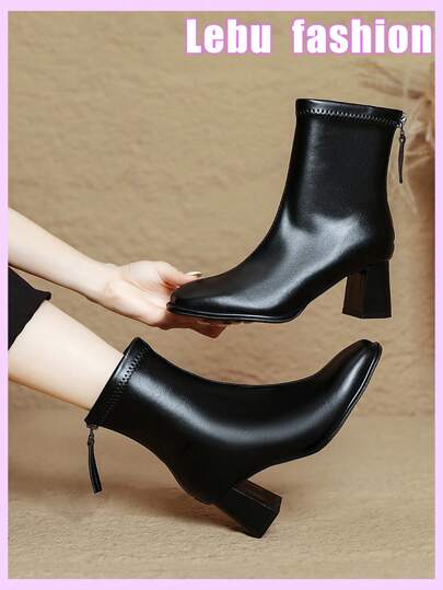 Women's Fashion Boots, New Autumn/Winter Simple Solid Color Square Toe High Heel Shoes, Thick Heel, Seam Decor, Back Zipper, Western Style Basic, Holiday, Office, Versatile, Ankle Boots, Short Boots