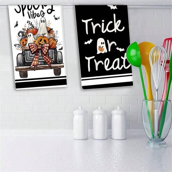 2pcs Halloween Pumpkin & Bat Pattern Kitchen Towel Set, Easy To Clean Multi-Purpose Dish Cloth, Suitable For Washing Dishes, Wiping Tabletops, Quick-Drying Absorbent Towels - The Perfect Gift To Bring Holiday Cheer To Family And Friends! For Bathroom Kitchen Decor