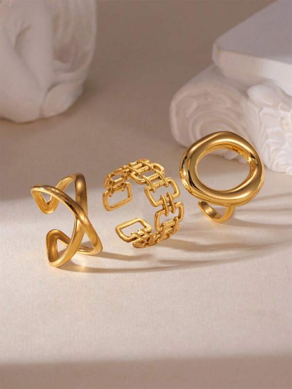 Set de 3 anillos geométricos huecos de acero inoxidable dorado y amarillo, set minimalista de anillos para mujer, regalo para el Día de San Valentín, Día de la Madre