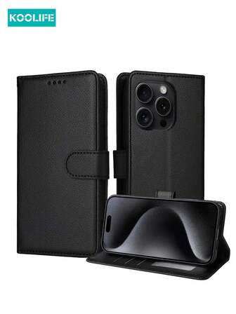 1 st. Koolife svart multifunktionellt PU-läderfodral med fällbart fodral, stötsäkert, lämpligt för dagligt bruk, kortplatser, kompatibelt med Apple 11/12/12 Pro/12 Plus/13/13 Pro/13 Pro Max/14/14 Pro/14 Pro Max/15/15 Plus/15 Pro/15 Pro Max/16/16 Plus/16 Pro/16 Pro Max/16e, passar kredit-/betalkort