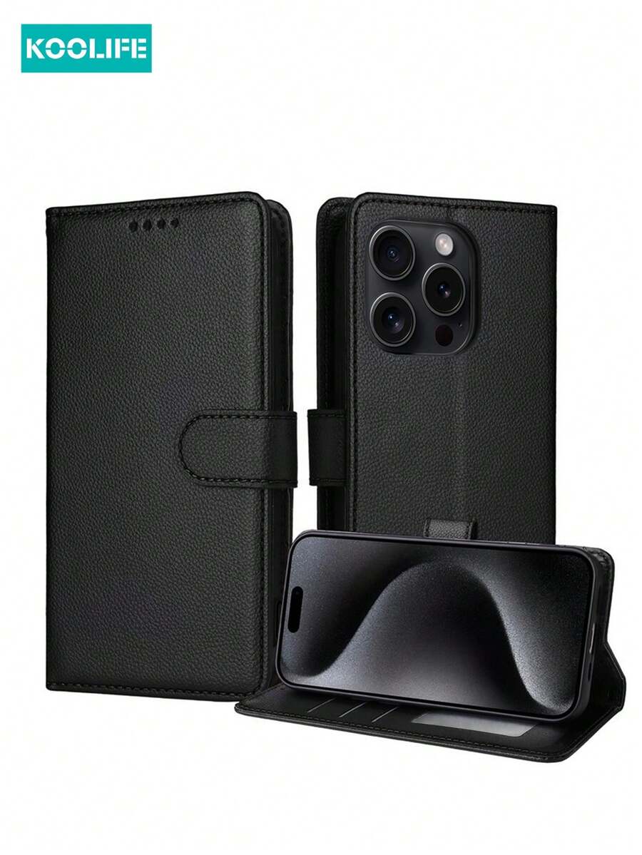 1pc Koolife Black Multifunctional PU Leather Flip Cover Phone Case, Shockproof, Suitable For Daily Use, Card Slots, Compatible With Apple 11/12/12 Pro/12 Plus/13/13 Pro/13 Pro Max/14/14 Pro/14 Pro Max/15/15 Plus/15 Pro/15 Pro Max/16/16 Plus/16 Pro/16 Pro Max/16e, Fits Credit/Debit Cards - Black - View 1