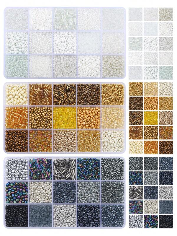 3 caixas com 15 compartimentos de tubos de contas de arroz decorativas para artesanato faça você mesmo, pulseiras, colares e joias (branco + dourado + preto)