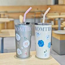 1pc Fashionable Women's Stainless Steel Straw Cup, Portable Vacuum Insulated Beverage Cup, Elegant Floral Drink Cup Gift