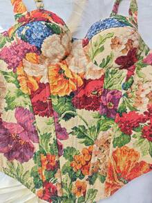 EZNV 1pc Vintage Palace Style Jacquard Slimming Camisole Top, French Romantic Jacquard Corset Vest - Multicolor - View 9