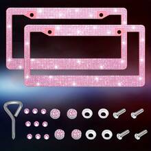 2pcs Bling Bling Plastic Car License Plate Frame, Crystal Rhinestone Handmade Multi-Color, Rust-Proof Durable, With Accessories, Christmas Gift - 2pcs - View 2