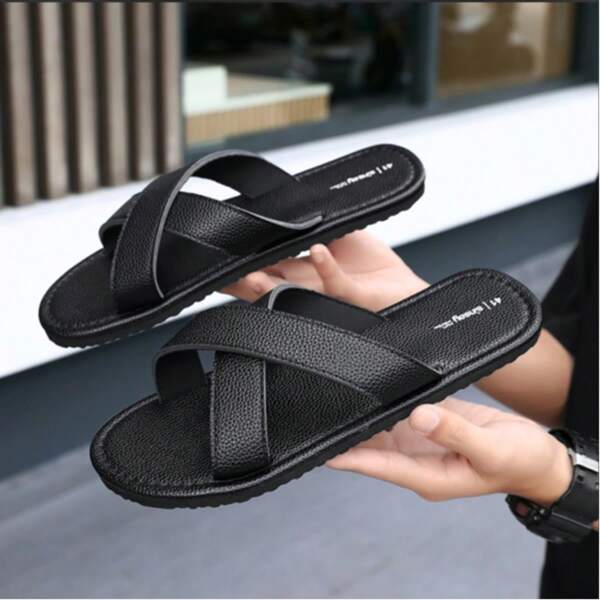 Sandálias masculinas leves com sola de EVA e tiras cruzadas, pretas, chinelos de praia para uso casual interno/externo, primavera/outono