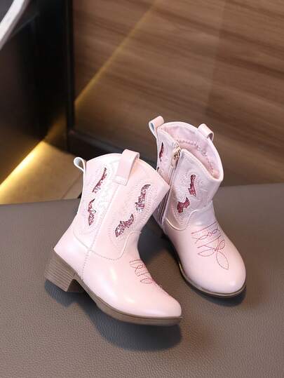 1 双女童时尚闪光复古西部中筒靴，幼儿软底切尔西皮靴，公主靴