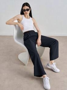 女士定制Logo弹力腰阔腿梭织休闲宽松裤，适合瑜伽、健身、户外运动和休闲穿着 - 黑色 - 查看 8