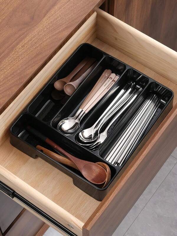 1 Stück Besteckaufbewahrungsbox für die Küche, Schubladenorganizer für Zuhause, integriertes Fach für Messer, Gabel, Löffel, Stäbchen-Rack, Küchenutensilien-Aufbewahrung, Schwarz/Weiß optional