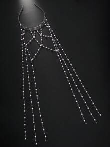 1 件全新仿珍珠流苏头带，优雅网眼头饰，高端新娘婚礼派对发饰，适合女士、秋季、旅行、美发工具、女士配饰、发饰 - 銀色 - 查看 3