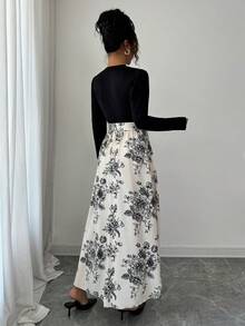 女士3D珍珠装饰长袖花卉拼接弹力连衣裙，适合节日派对、秋冬季黑色度假春季优雅 - 黑色 - 查看 4