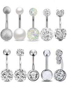 10pcs Stainless Steel Short Belly Button Rings, Suitable For Women's Daily Wear, Music Festivals
