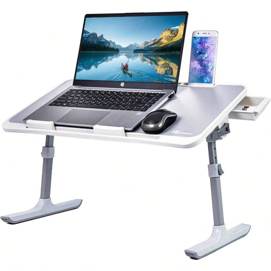 Bed Table, Laptop Desk, Bed Desk, Book Stand Function, PC Stand, Height Adjustable, Foldable, Low Table, Tablet Holder, Smartphone Holder, Lightweight, Height Adjustable, Angle Adjustable, With Drawer - 60 x 40 厘米 - 查看 1