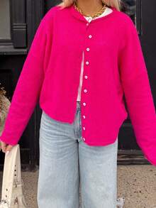 Women Y2k Crew Neck Cardigan Sweater Long Sleeve Button Down Solid Color Top Fall Casual Vintage Lightweight Knitwear - 玫紅色 - 查看 2