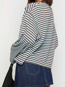 Women Oversized Striped Color Block Long Sleeve Crew Neck Sweatshirt Casual Loose Pullover Y2K Shirt Top - 巧克力棕 - 查看 3