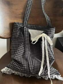 2025新款小众设计蕾丝蝴蝶结格子单肩包，大容量通勤托特包，