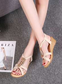 女士交叉带串珠凉鞋，露趾踝带百搭旅行休闲一脚蹬厚底坡跟凉鞋