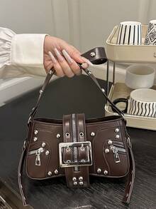 时尚铆钉女士单肩包腋下包新月包腰带夹摩托车包