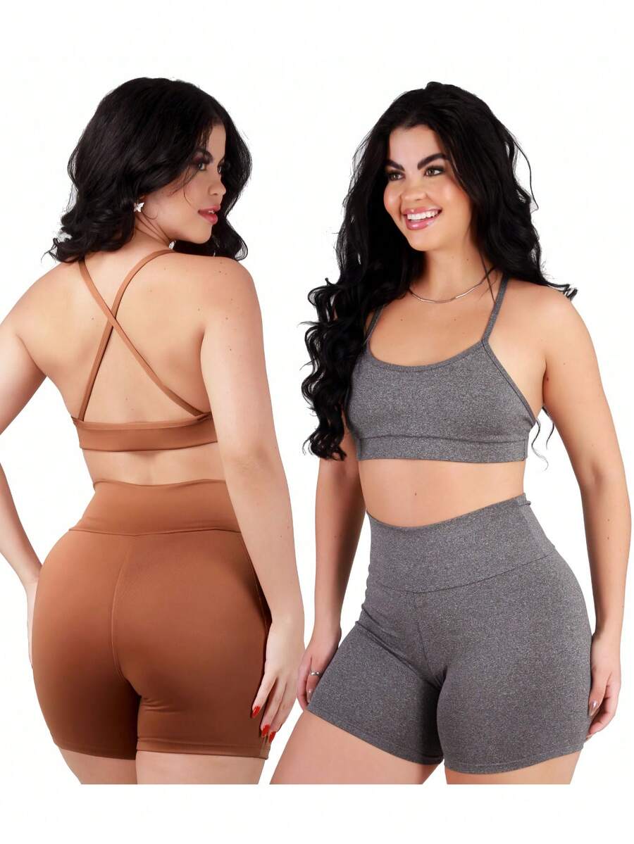 Work Fitness Kit 2 Set Bare Back Top With Cross Straps And Bermuda Shorts Basic Premium - Gray and Caramel - View 1
