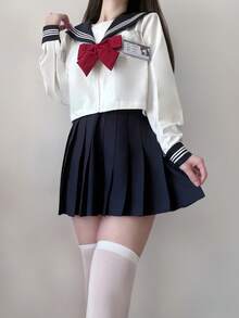 Bộ đồng phục học sinh mẫu giáo Kawaii gồm 1 món: váy xếp ly màu xanh navy, áo sơ mi dài tay màu trắng, cà vạt đỏ, thích hợp cho tiệc tùng, nhập vai, cosplay, câu lạc bộ, chụp ảnh tốt nghiệp, hẹn hò, ngày lễ tình nhân mùa xuân. - Nhiều màu - Xem 3