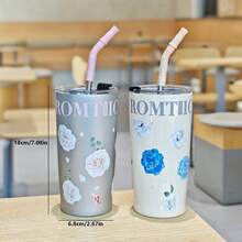 1pc Fashionable Women's Stainless Steel Straw Cup, Portable Vacuum Insulated Beverage Cup, Elegant Floral Drink Cup Gift