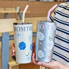 1pc Fashionable Women's Stainless Steel Straw Cup, Portable Vacuum Insulated Beverage Cup, Elegant Floral Drink Cup Gift