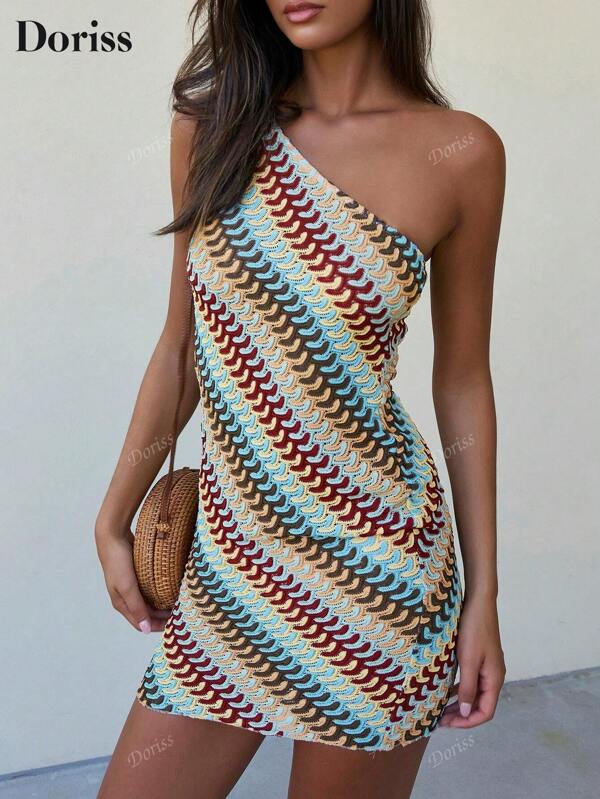 Women Contrast Color Stripe Asymmetric Sleeveless Slim Fit Dress