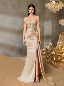 Vestido de noche con lentejuelas para adolescentes de Alisa&Leo - Escote descubierto con Body con cuentas y acentos de cristal, silueta de sirena de satén para graduaciones, bailes de promoción, atuendos de invitados de boda, cenas formales y concursos de belleza