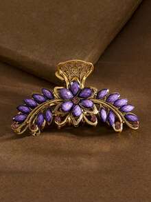 1pc Oversized Vintage Palace Style Hair Clip, Women's Daily Braided Hair Accessory, Matching Cheongsam And Hanfu, Blue Sapphire Imitation Green Alloy Hair Clip Decorated With Colorful Crystals, Retro European And American Style, Oversized Design, Suitable For New Year, Holidays, Birthday Gifts And Daily Elegant Attire, Holiday Accessories, European And American Style Hair Accessories, Women's Claw Clip, Autumn Accessories, Floral Hair Claw, Autumn/Winter Holiday Attire. Flower Hair Clip - Multicolor - View 4