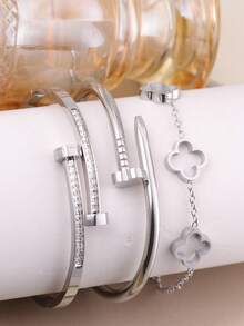3 件/1 件时尚奢华四叶草锆石镶嵌不锈钢手镯，适合日常佩戴 - 銀色 - 查看 11