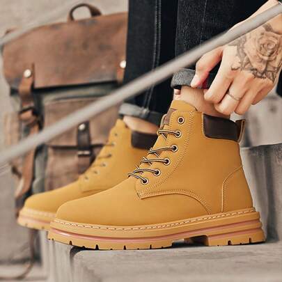 Men's Boots, New Autumn/Winter British Style High-Top Work Boots, Leather Shoes, Increase Height, Black