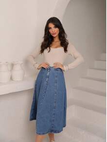 Women's A-Line Midi Denim Skirt, Stylish Winter Look - Light Wash - View 5