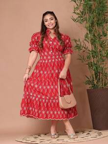 Women's Fashion Midi Dress In 3D Laise Fabric And Smooth With Elastex On The Back And Button On The Front And Lining - 雙色紅 - 查看 4