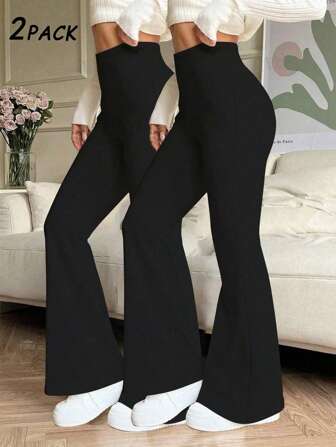 2 pezzi Pantaloni a zampa di elefante con vita alta ed elastica, colore unito, pantaloni sportivi e da yoga, leggings compressivi, pantaloni da corsa e fitness, leggings primaverili ed estivi per donna