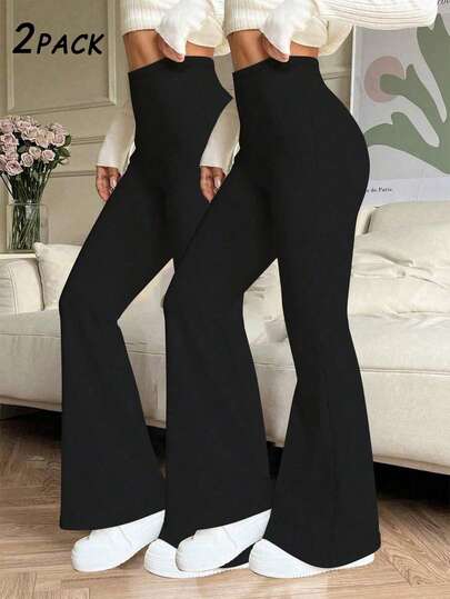 2PCS Plus Size Women's High Waist Elastic Solid Color Flared Pants Sports Yoga Pants Compression Leggings Running Fitness Pants, Spring And Summer Women's Leggings, Women's Clothing