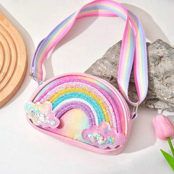 1pc Rainbow Crossbody Bag, Featuring Cute & Dreamy Style. Visually Centered On Vibrant Rainbow, Decorated With Glitter Cloud Accents, Infusing A Lively Vibe To Your Outfit. The Bag Body Is Made Of Soft, Skin-Friendly Fabric, While The Rainbow & Cloud Sections Are Infused With Glitter Material For An Elevated Sophisticated Look. The Shoulder Strap Is A Sturdy, Comfortable Striped Webbing.