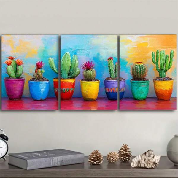 3 PIEZAS de Pintura de Arte de Pared Enmarcada en Lienzo Cactus en Macetas Florales Coloridas (1) para el Hogar, Sala de Estar, Cafetería, Oficina, Decoración de Pared, Colgantes de Pared Lujosos